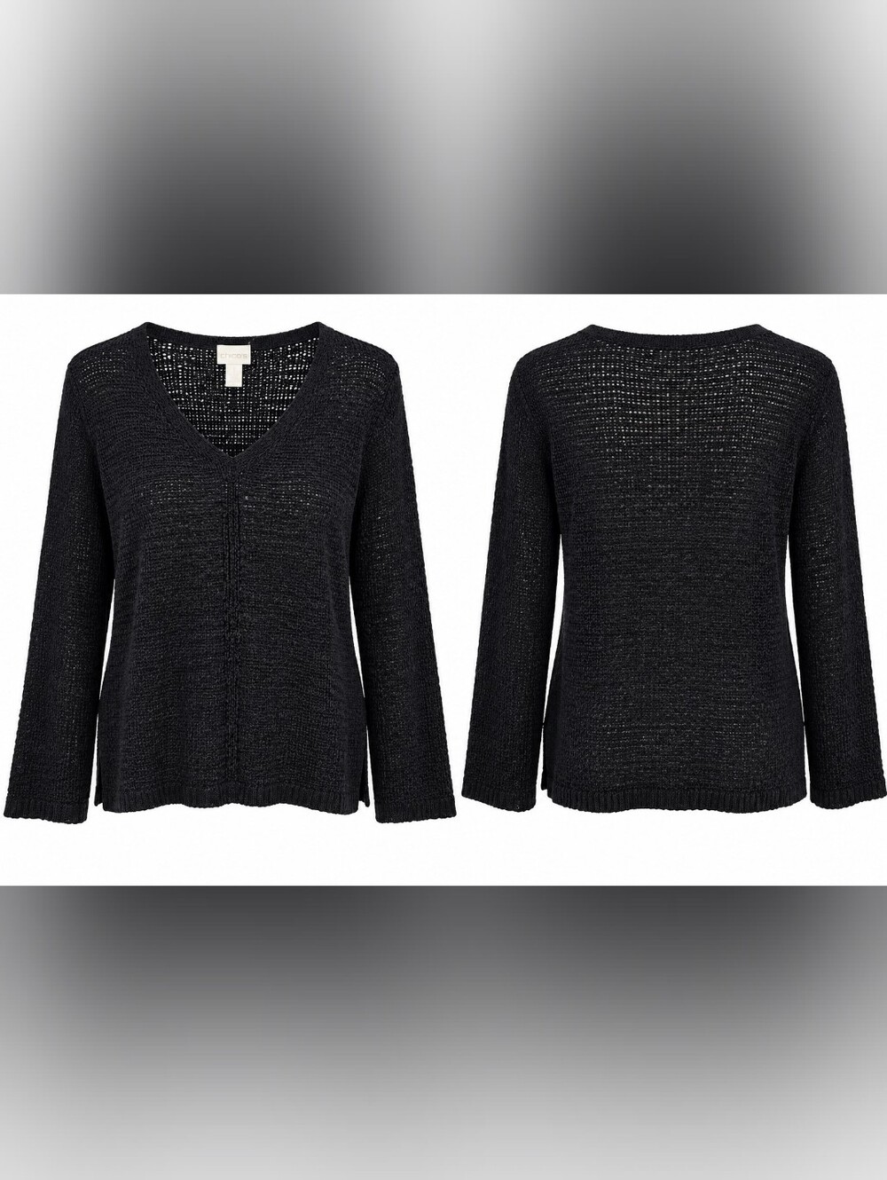 Chico's Black Open Knit V Neck Pullover Sweater Size 1 M NWT Layer Transitional